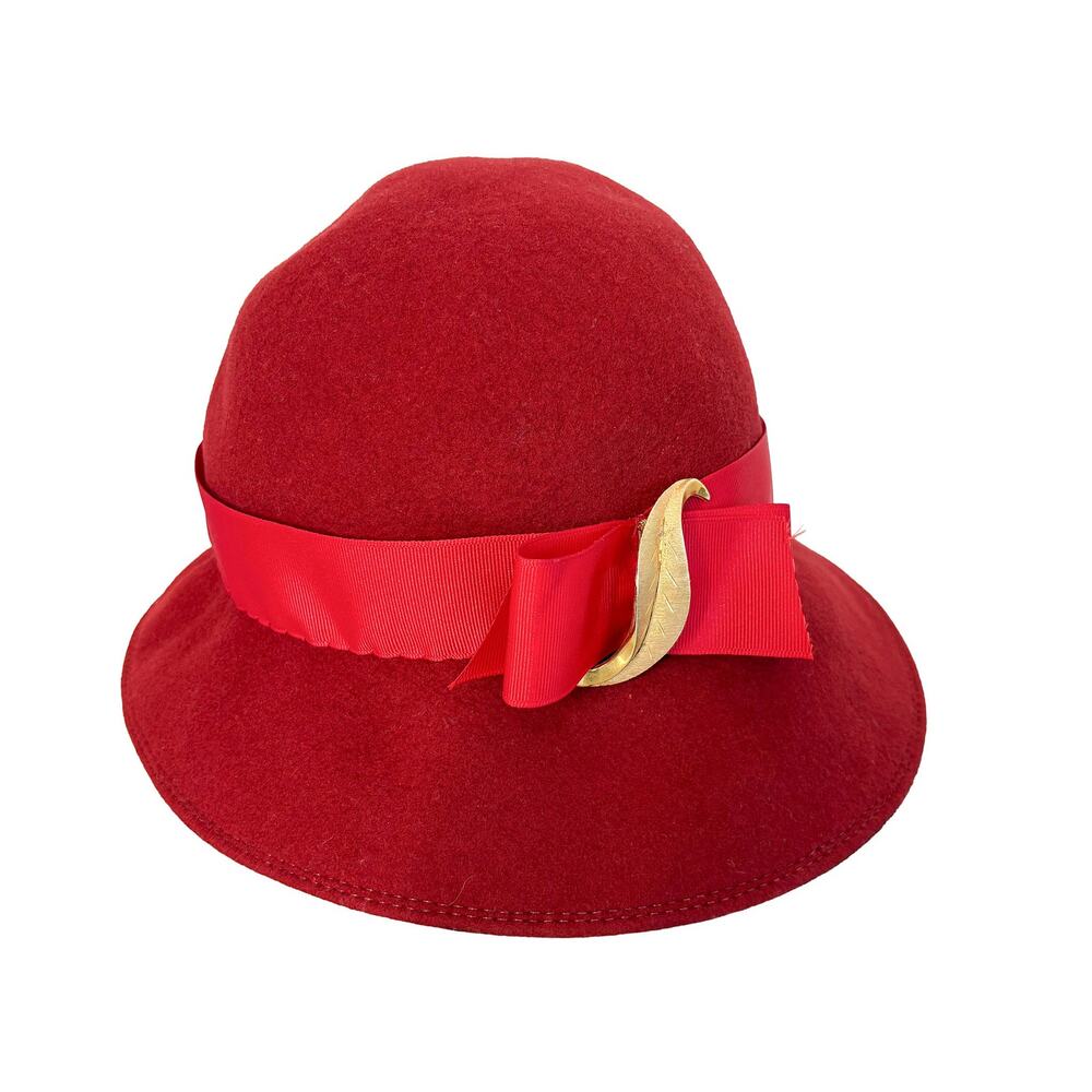 Vtg 30s 40s Doeskin Felt Wool Cloche Hat Red Juni… - image 1